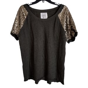 H&M distressed dark olive green top with gold sequined shoulders size large